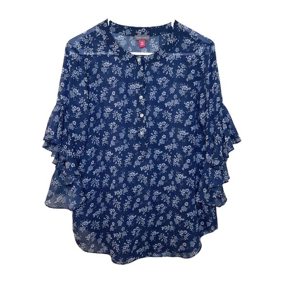 Vince Camuto Tops - Vince Camuto Women Blue White Floral Print Blouse Sheer See Through Size PM
